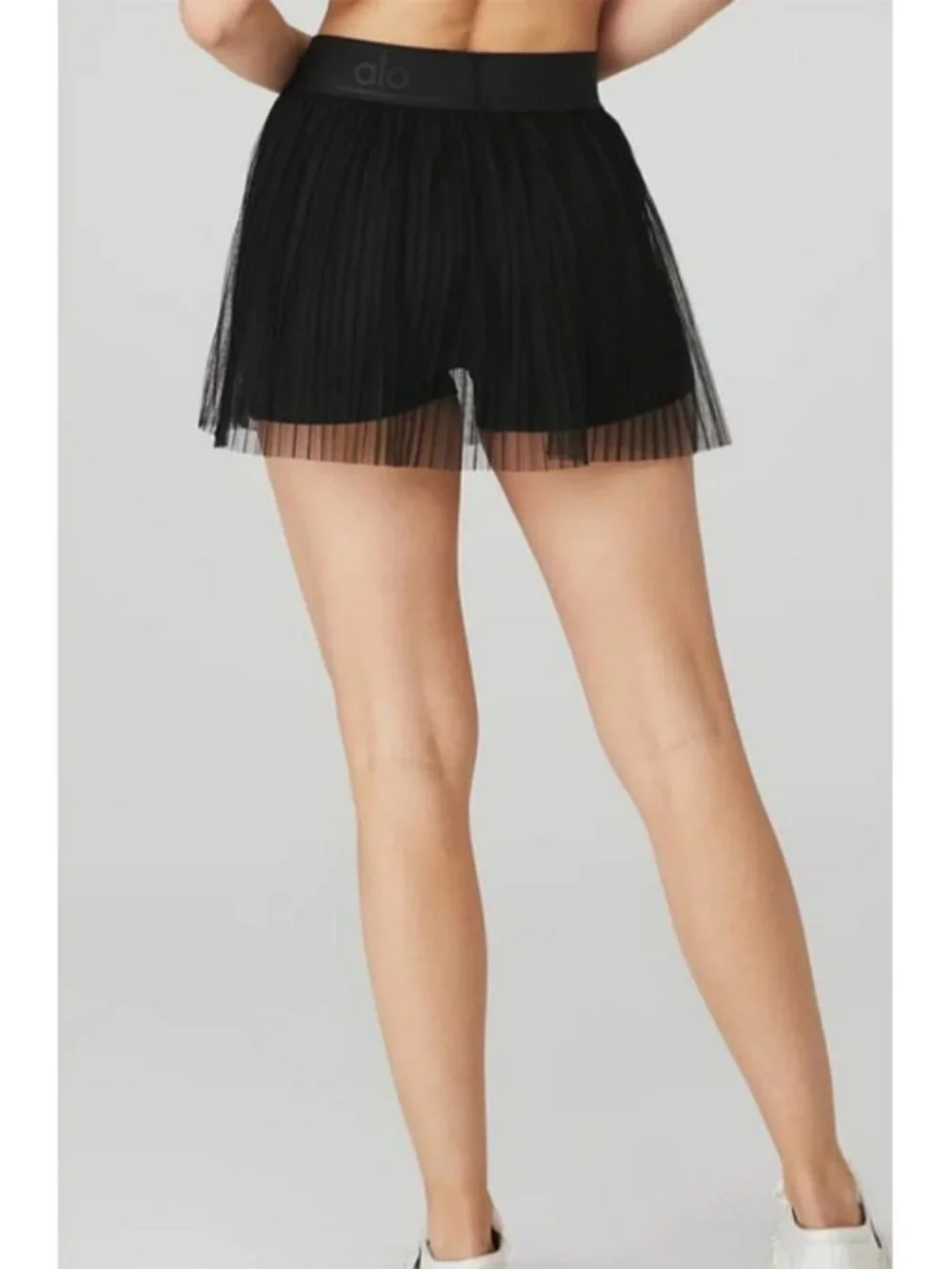 Alo Mesh Flirty Tennis Skirt Black Sheer Transparent See-Through A-Line Skort L
